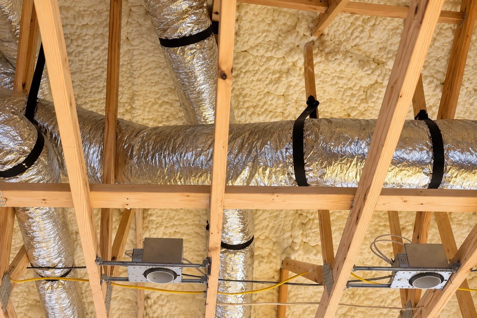 Silver insulated ducts run through a wood-framed attic with foam insulation covering the roof underside.