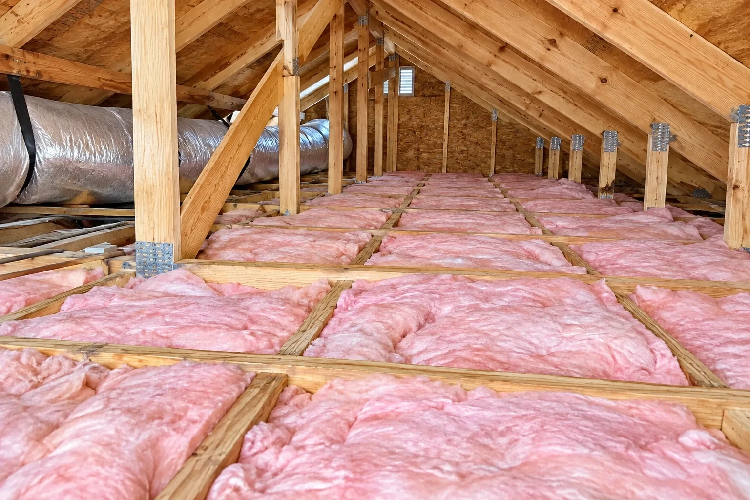Pink batt insulation fills attic floor joists beneath exposed roof framing, with a metal duct running along the side.