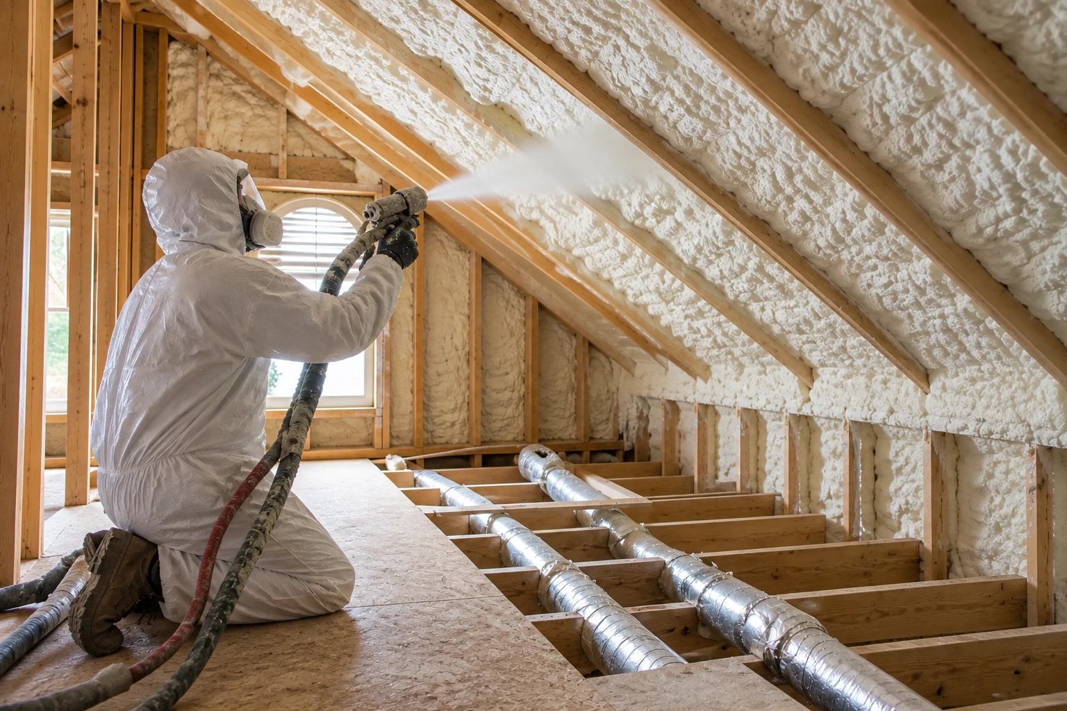 A worker in protective coveralls sprays foam insulation onto an attic roof between exposed wooden rafters.