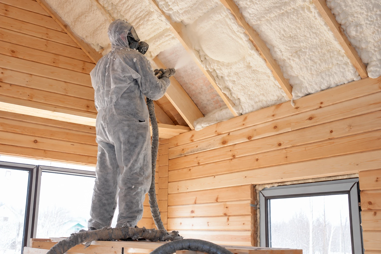 A worker in protective gear sprays white foam insulation into the exposed rafters of a timber attic.