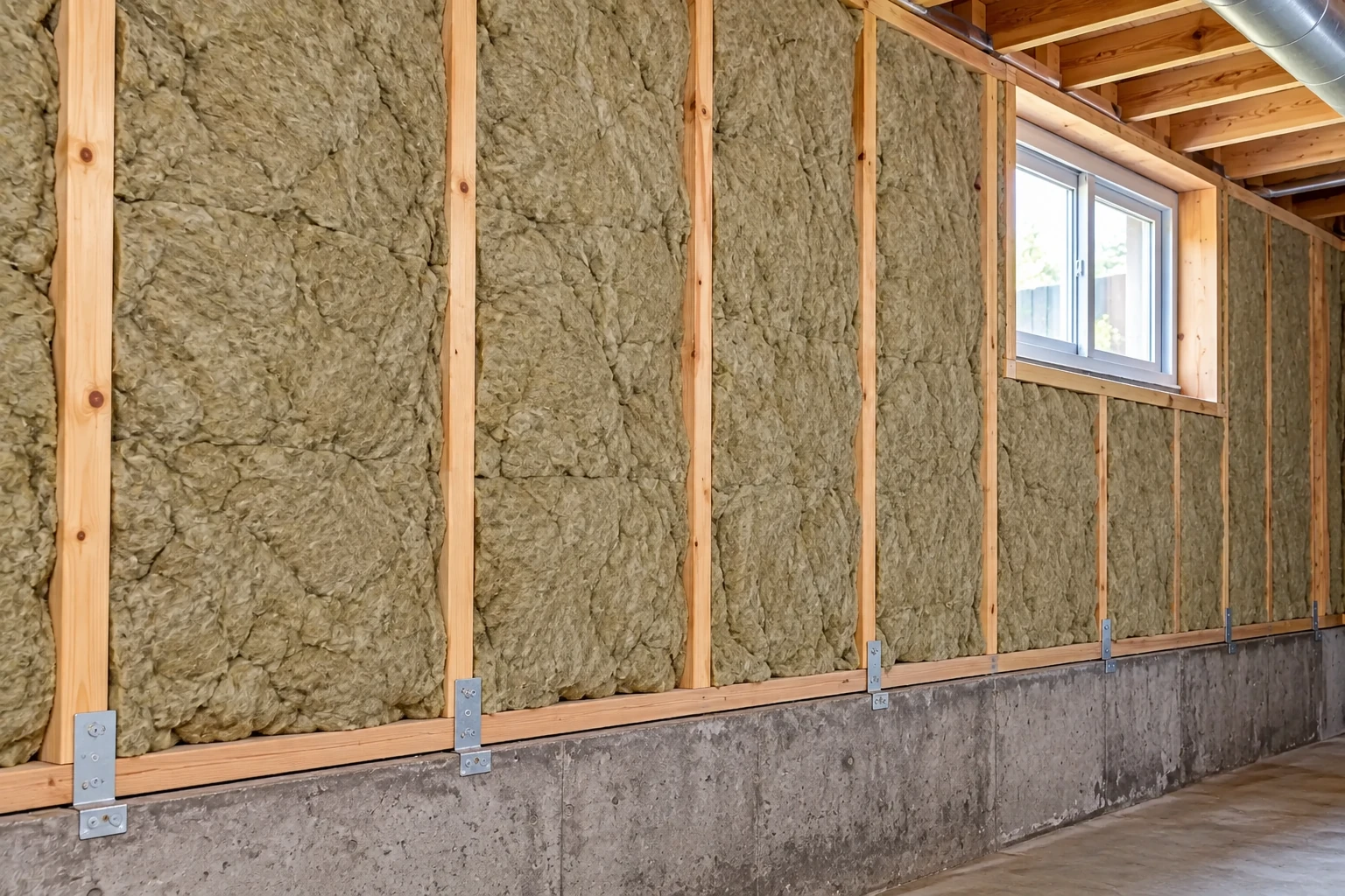 Basement wall cavities are filled with gray insulation between wooden studs beneath a small window.