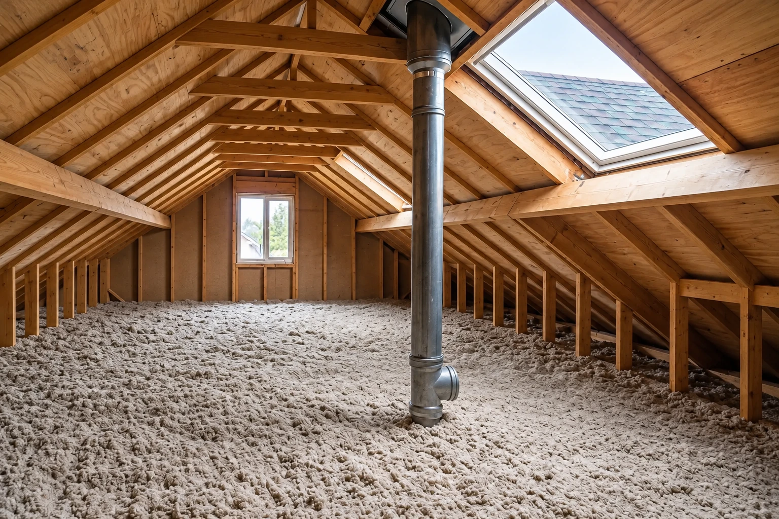 A timber attic has a floor covered in loose-fill insulation, with exposed roof trusses and a central metal pipe.