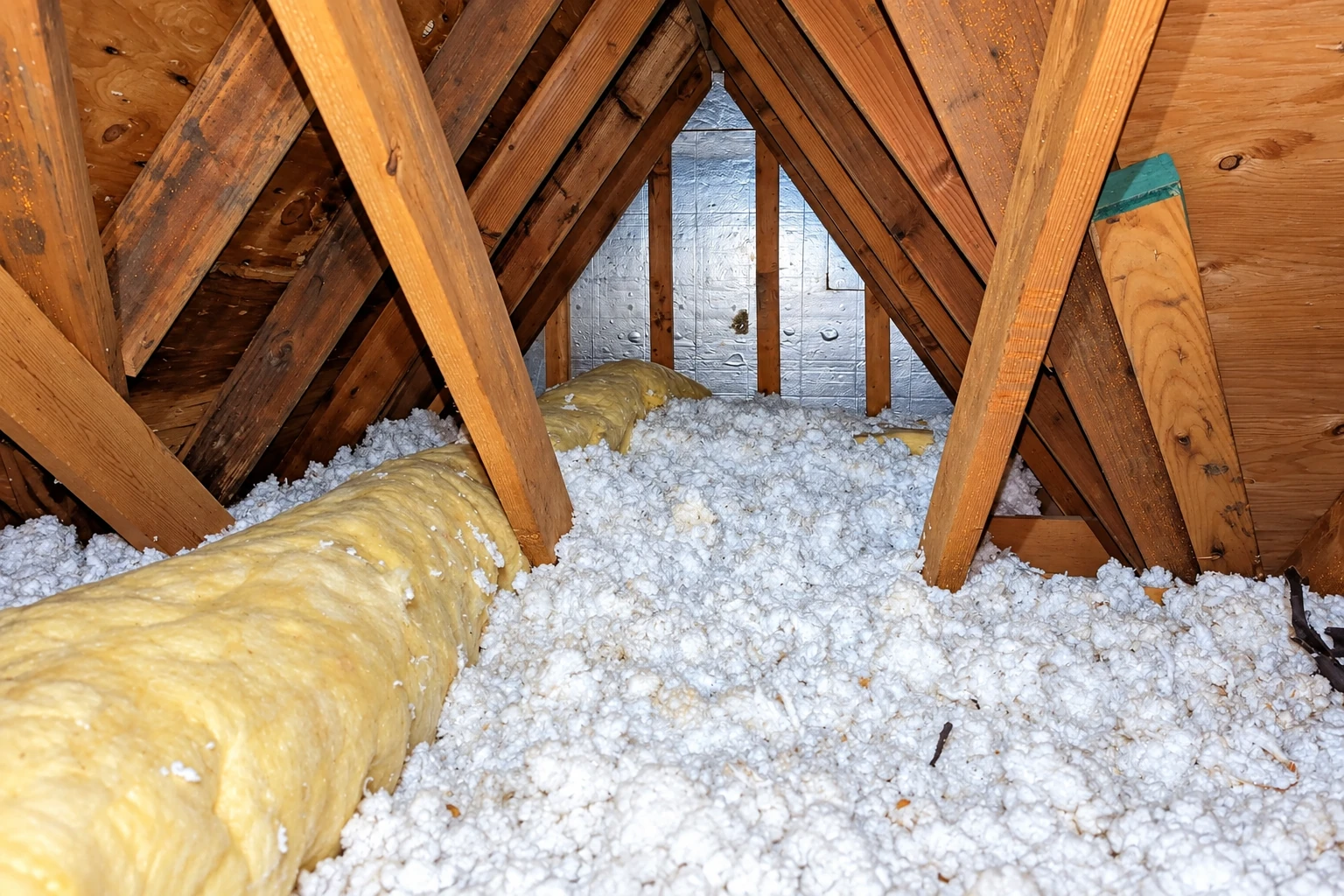Loose-fill insulation covers an attic floor beneath exposed wooden rafters, beside a roll of yellow fiberglass batts.