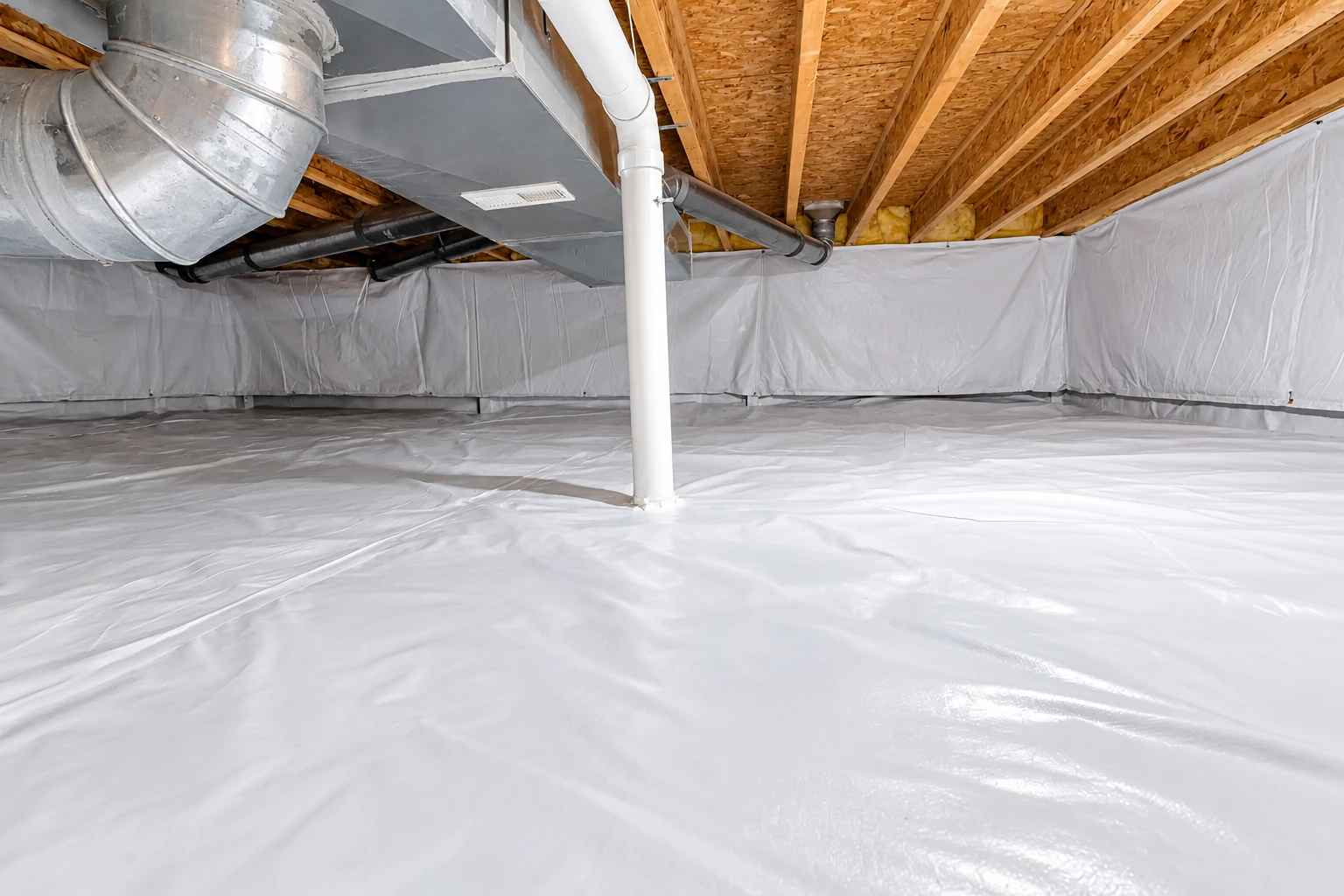 Crawl space with white plastic vapor barrier covering the floor and walls beneath exposed joists and ductwork.