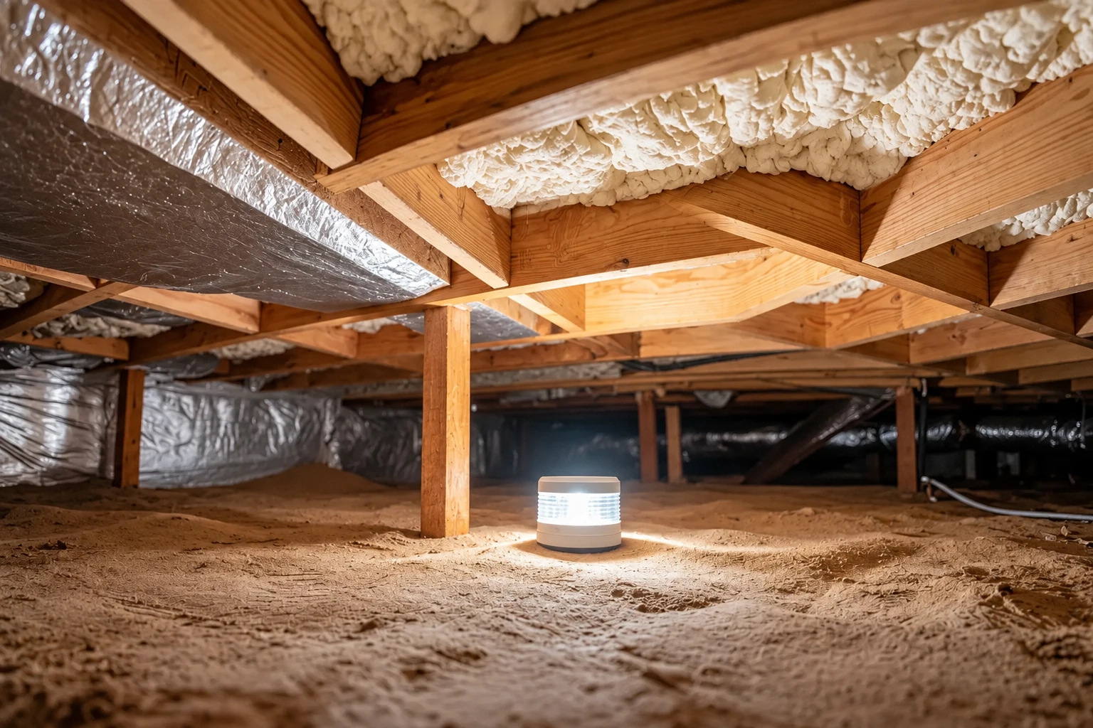 White spray foam fills spaces between the wooden beams of a crawl space, with foil-wrapped ducts and a light on the dirt floor.