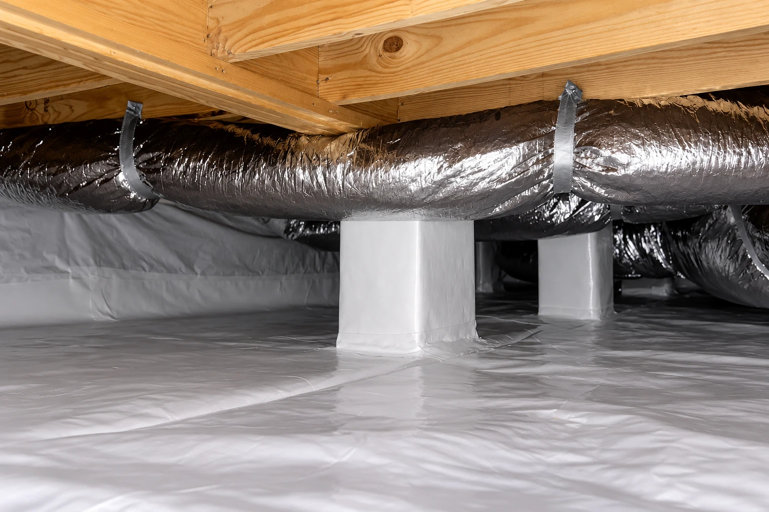 A crawl space has white vapor barrier covering the floor and support piers beneath wooden joists and insulated ducts.