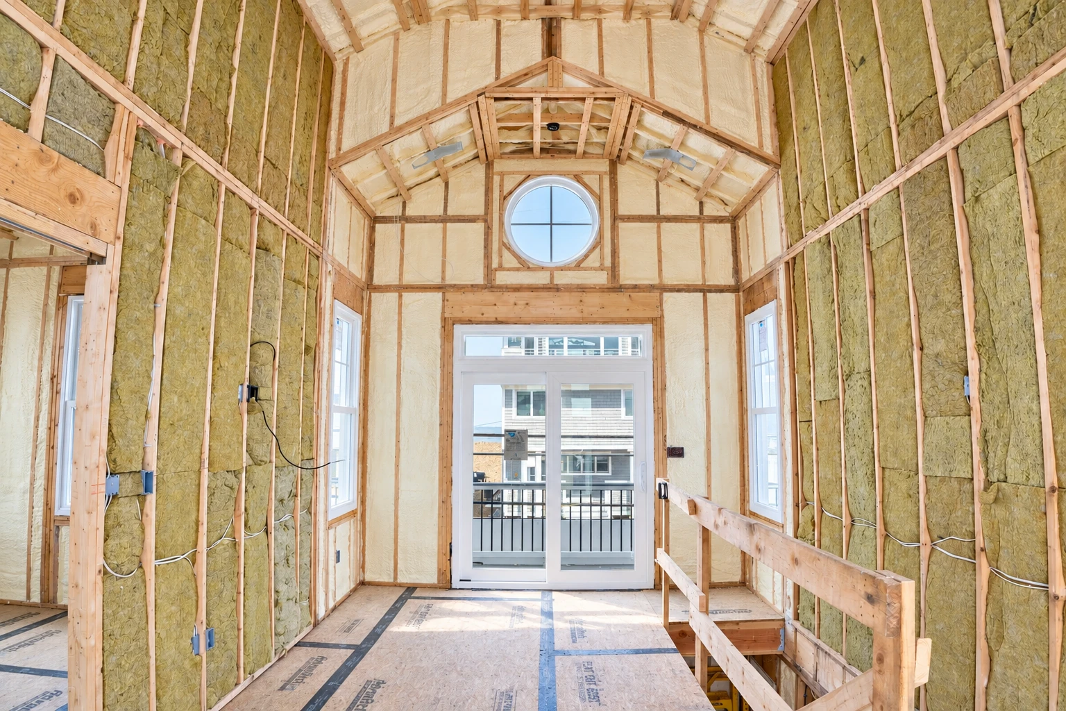 An unfinished home interior shows yellow batt insulation and white foam fitted between exposed wooden wall and ceiling framing.