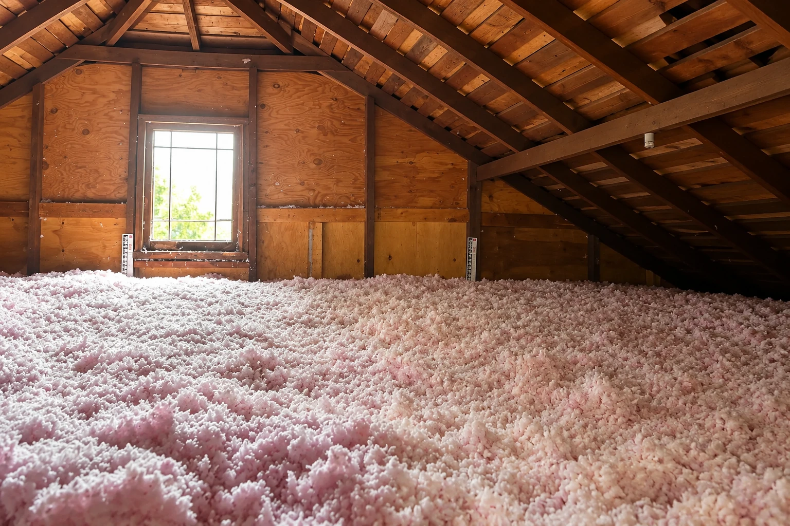 Attic with pink blown-in insulation covering the floor beneath exposed wooden rafters and a small window.