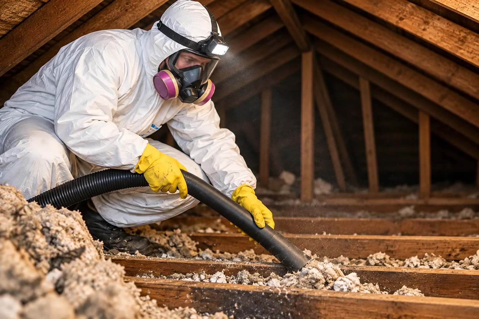 A worker in protective gear uses a large hose to remove loose insulation from an attic floor.