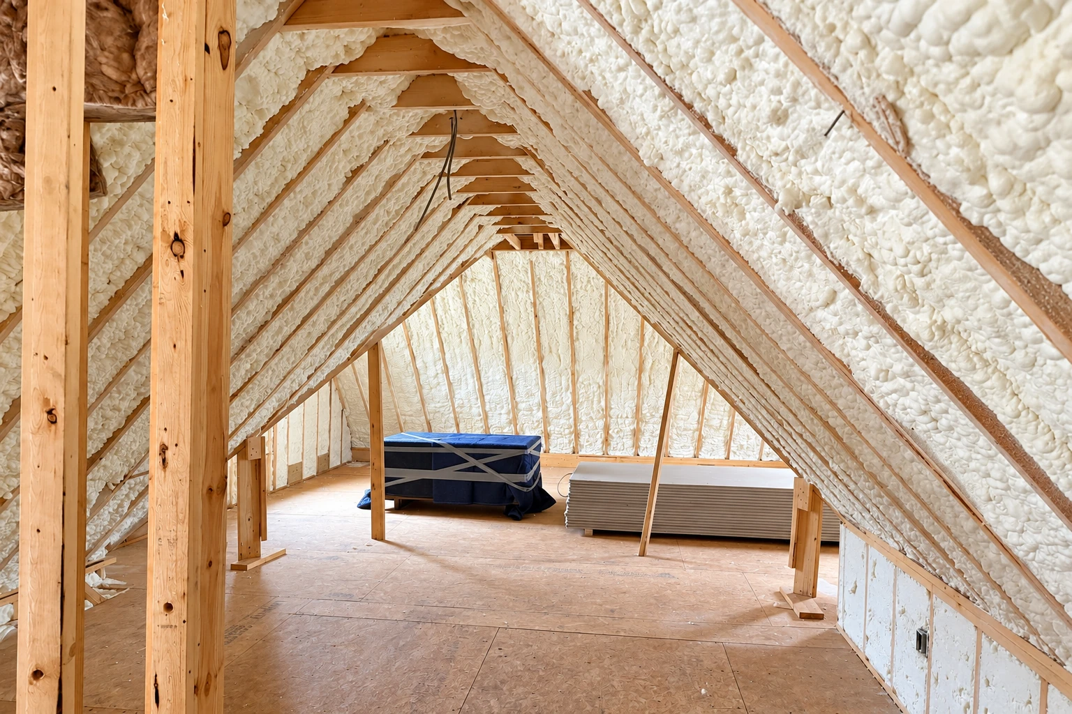 Attic with white open-cell spray foam filling the roof rafters above a plywood floor.
