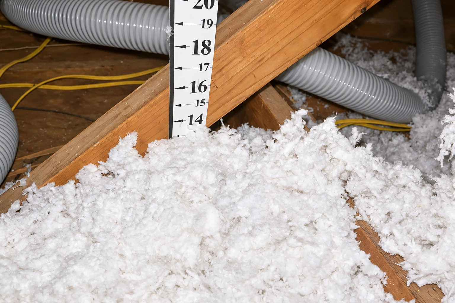 White blown-in insulation fills an attic around exposed wooden rafters, beside a depth gauge and flexible ductwork.