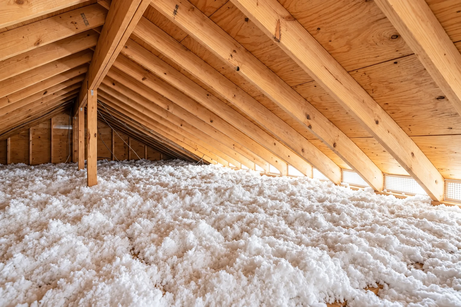 Attic with white blown-in insulation across the floor and exposed wooden roof trusses.
