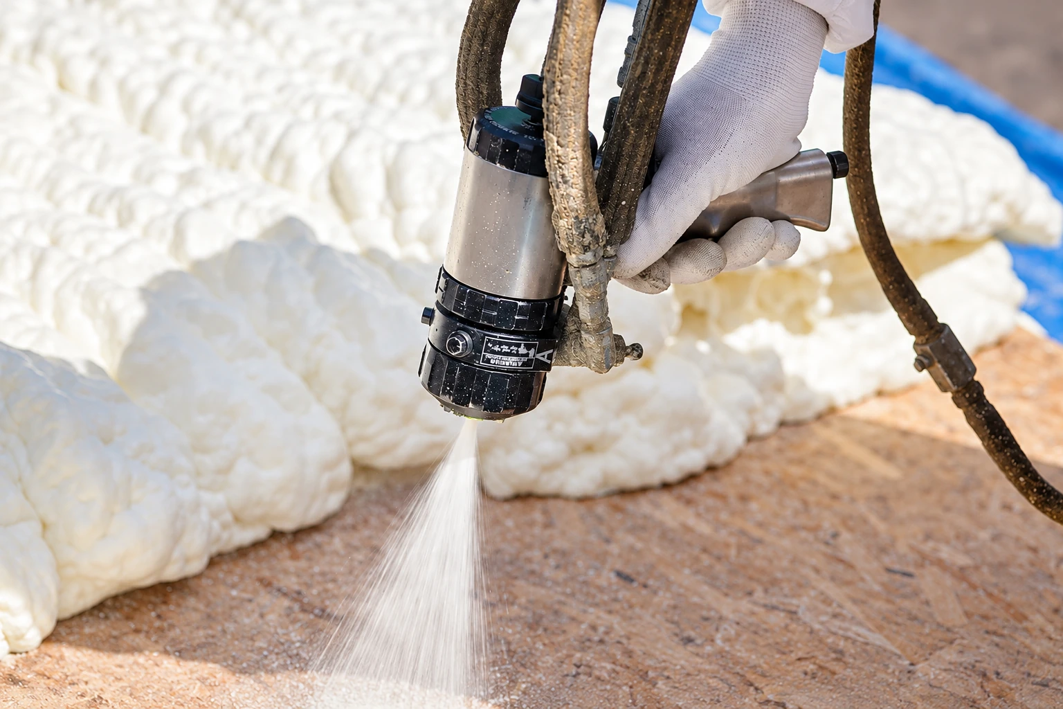 A gloved hand sprays foam insulation from a hose-mounted nozzle across a wooden floor beside expanding white foam.