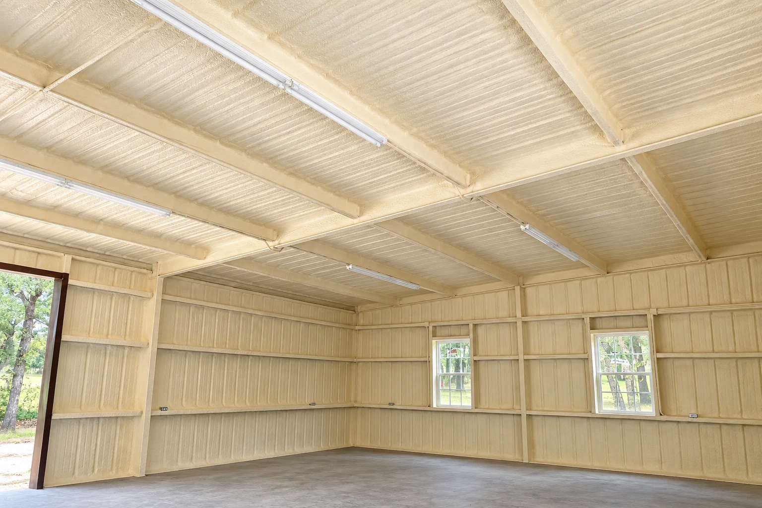 Empty workshop interior with pale spray foam coating the ceiling and walls around exposed structural beams.