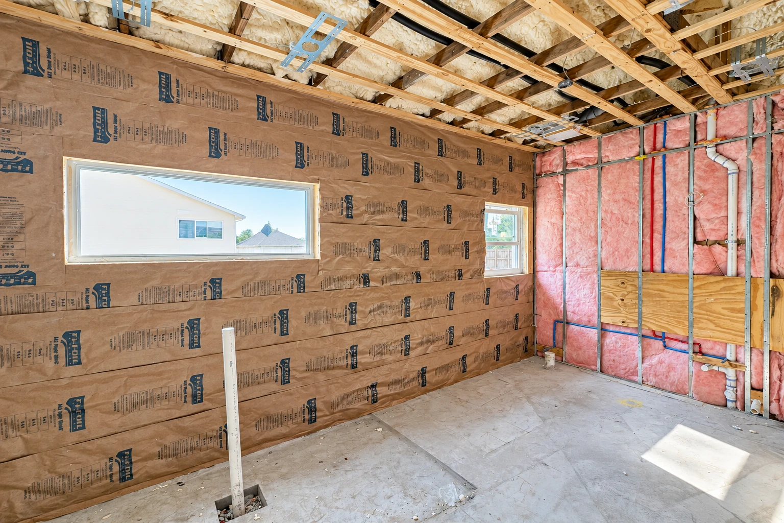 A room under construction has brown vapor barrier across one wall and pink batt insulation between studs on another.